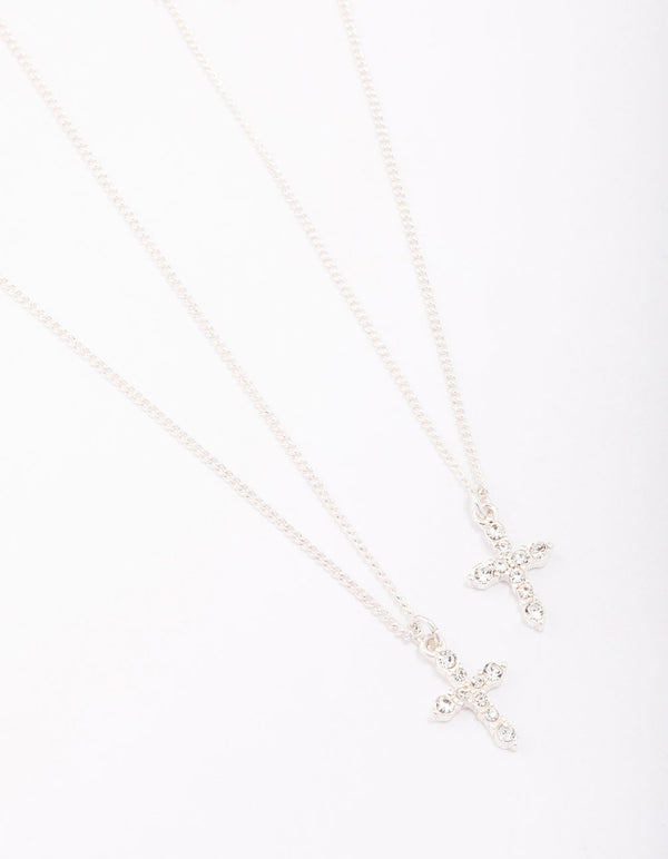 Silver Classic Diamante Cross Necklace Pack