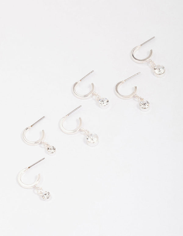 Silver Graduating Diamante Drop Huggie Earring 3-Pack