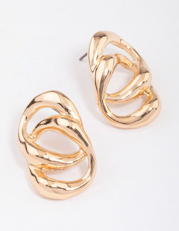 Gold Large Double Link Stud Earrings