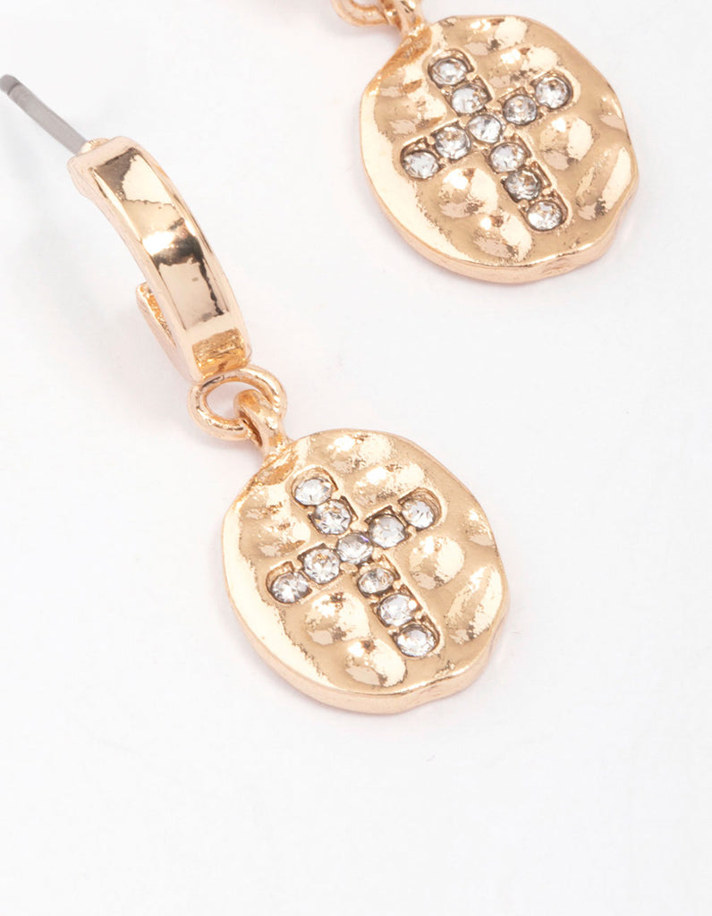 Gold Cross Diamante Huggie Hoop Earrings