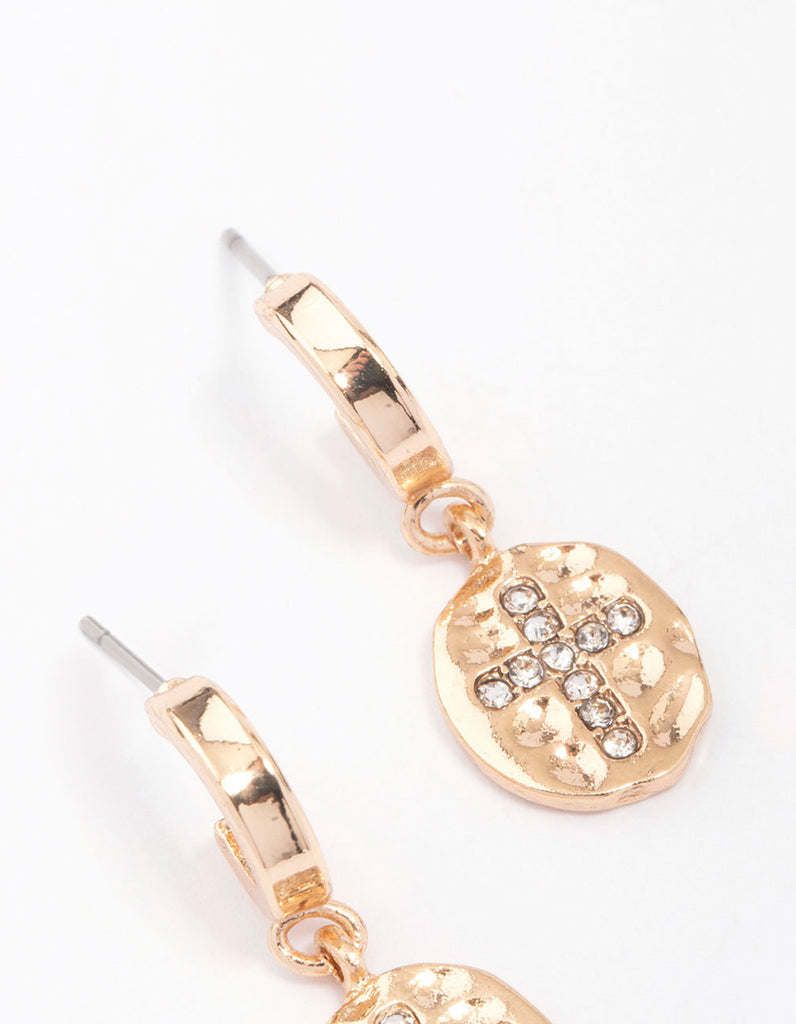 Gold Cross Diamante Huggie Hoop Earrings