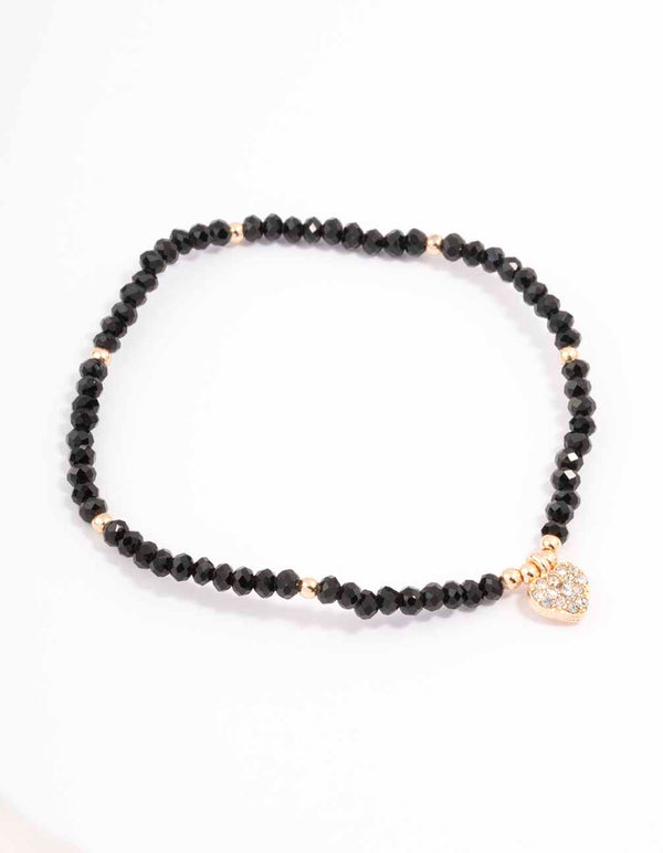 Black Beaded Simple Toggle Heart Charm Bracelet