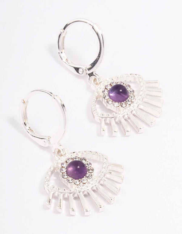 Silver Amethyst Diamante Evil Eye Huggie Earrings