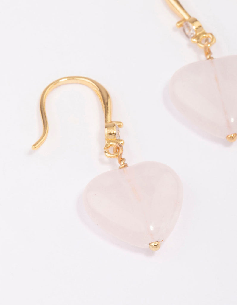 Gold Plated Rose Quartz Heart Drop Earrings