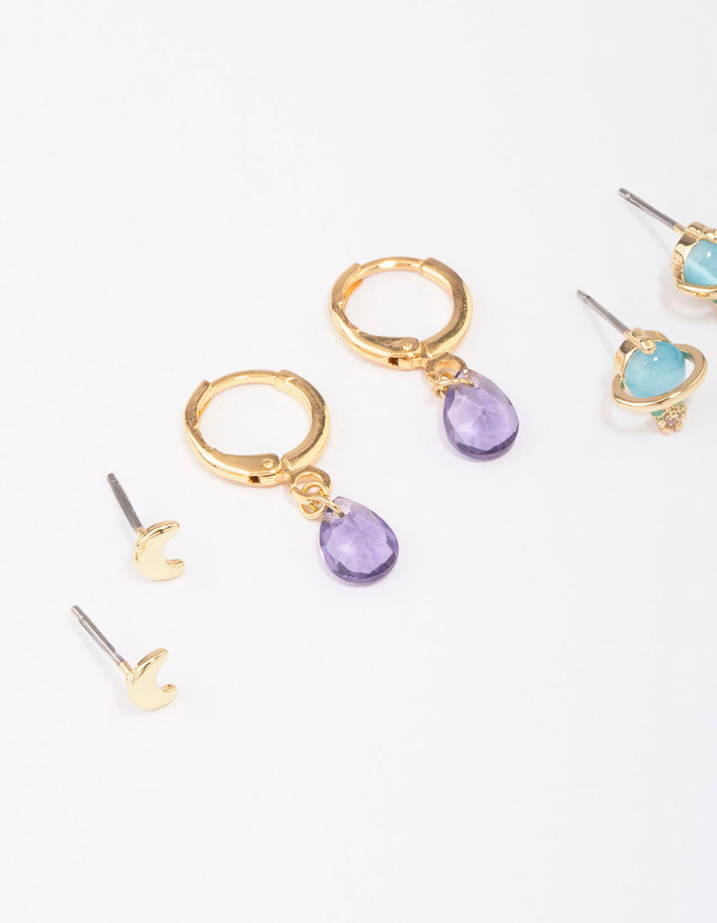 Gold Plated Semi-Precious Planet Earring 3-Pack