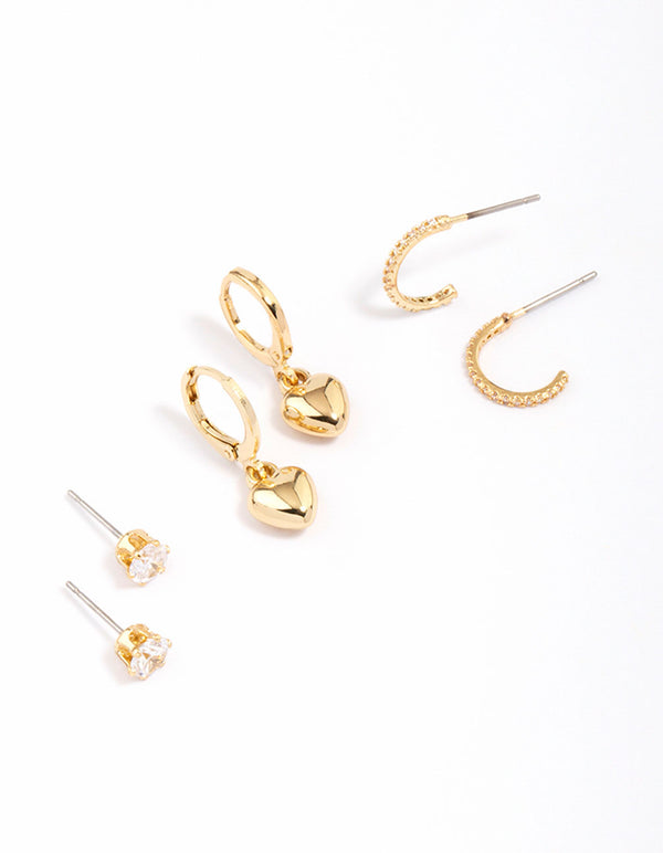 Gold Plated Puffy Heart Earring 3-Pack
