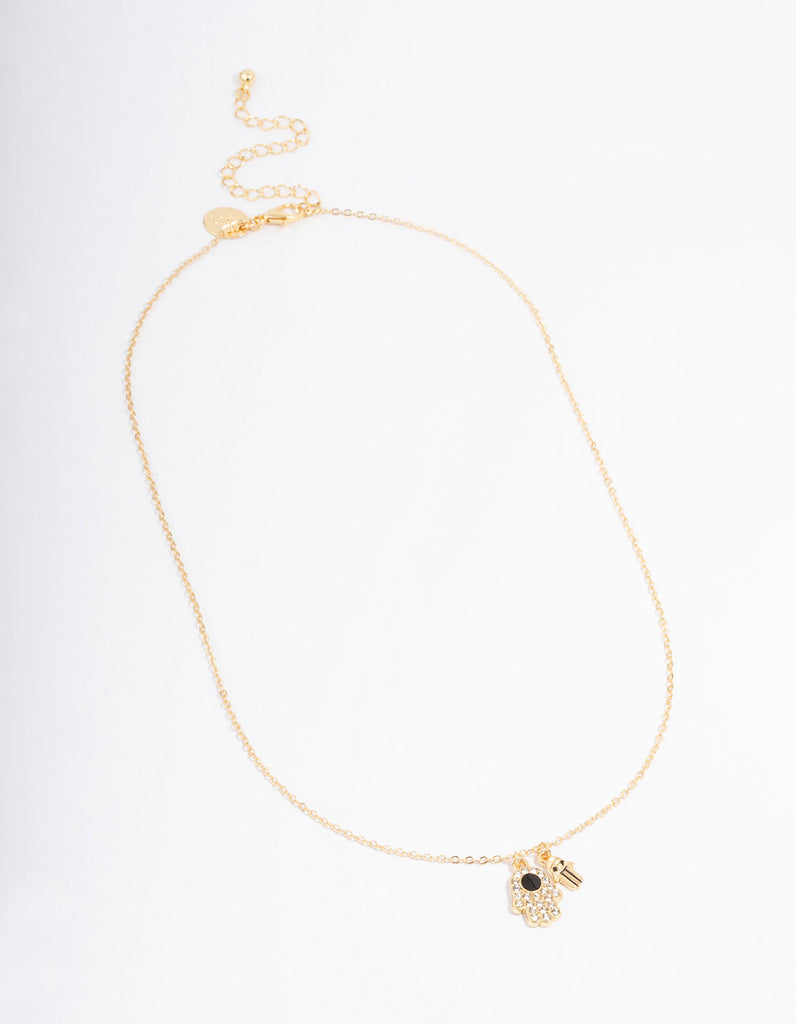 Gold Plated Hamsa Charm Cubic Zirconia Necklace