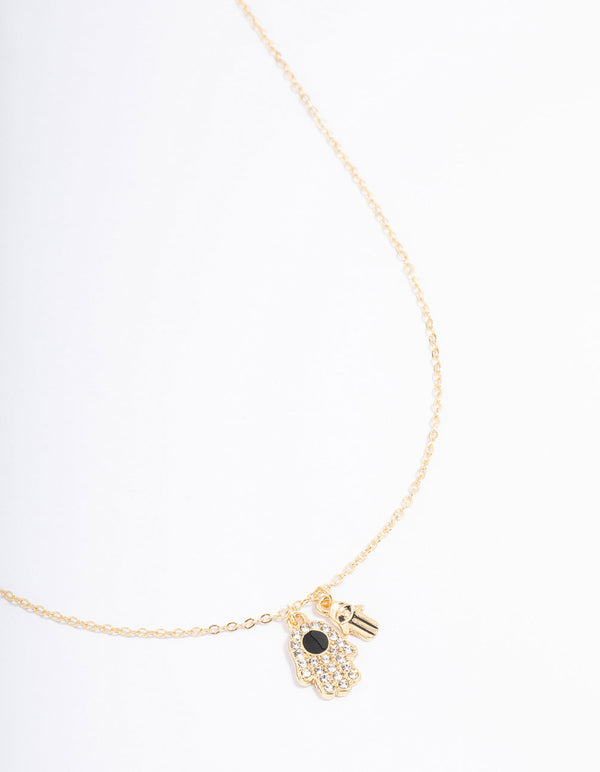 Gold Plated Hamsa Charm Cubic Zirconia Necklace