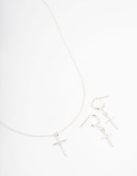 Silver Plated Sleek Cross Necklace & Earring Jewellery Set - link has visual effect only