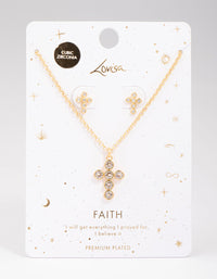Gold Plated Bezel Cross Necklace & Earring Jewellery Set - link has visual effect only