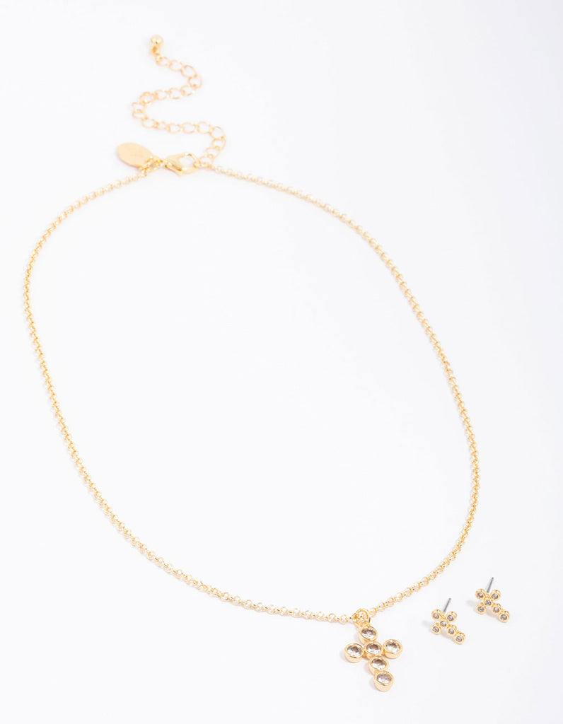Gold Plated Bezel Cross Necklace & Earring Jewellery Set