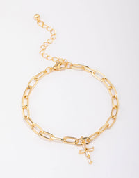 Gold Plated Cross Charm Chain Bracelet - link has visual effect only