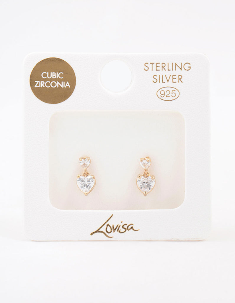 Gold Plated Sterling Silver Heart Cubic Zirconia Stud Earrings