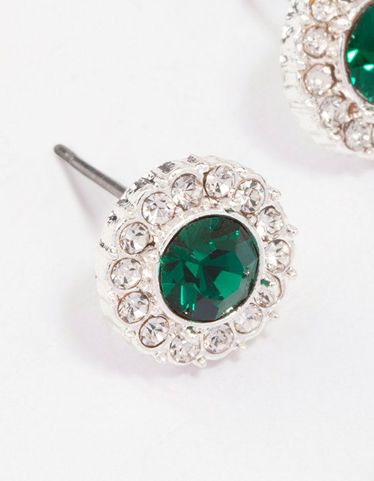 Silver Emerald Crystal Halo Stud Earrings