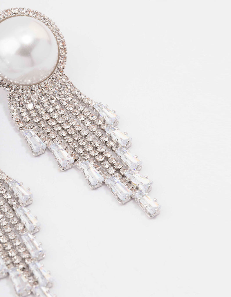 Rhodium Oversized Pearl Cupchain Diamante Earrings