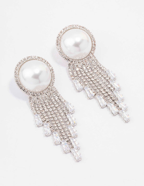 Rhodium Oversized Pearl Cup Chain Diamante Earrings