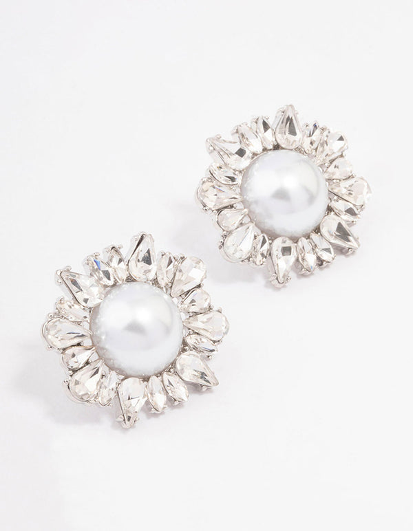 Silver Pearl & Cluster Statement Stud Earrings