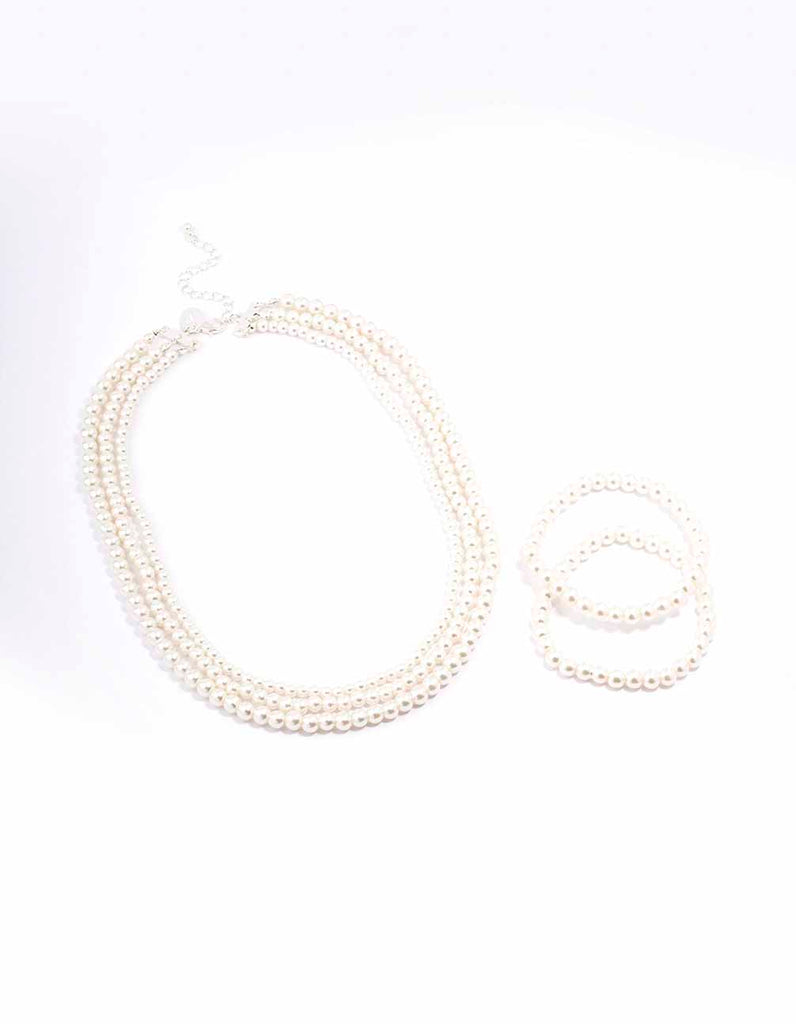 Silver Pearl Layered Necklace & Bracelet Set
