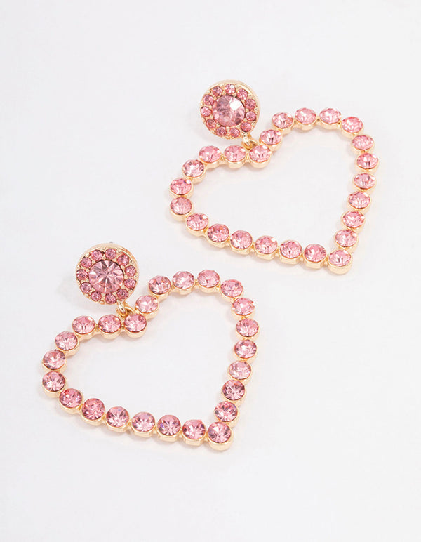 Gold Pink Diamante Luxe Heart Drop Earrings - Lovisa