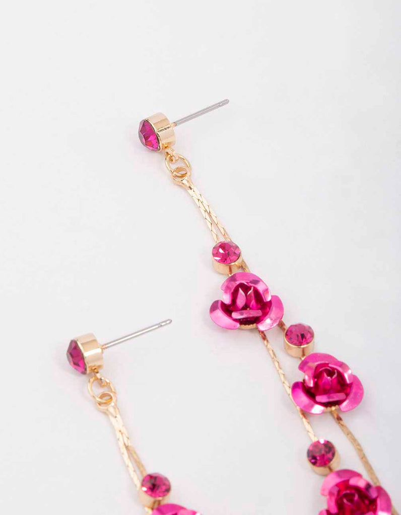 Gold Climbing Hot Pink Rose Drop Earrings