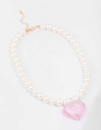 Gold & Pink Pearl Puffy Heart Necklace - Lovisa