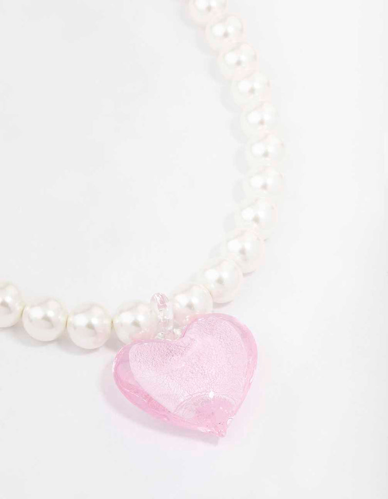 Gold & Pink Pearl Puffy Heart Necklace