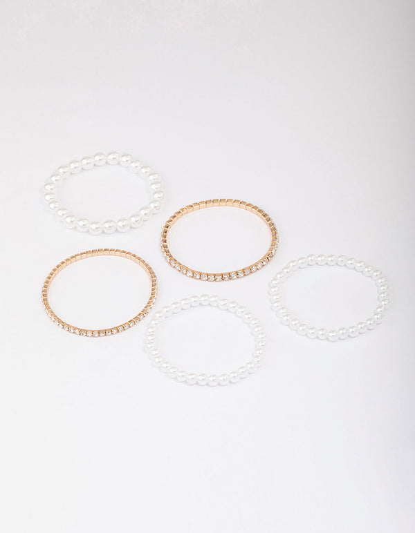 Gold Diamante & Pearl Mixed Bracelet 5-Pack