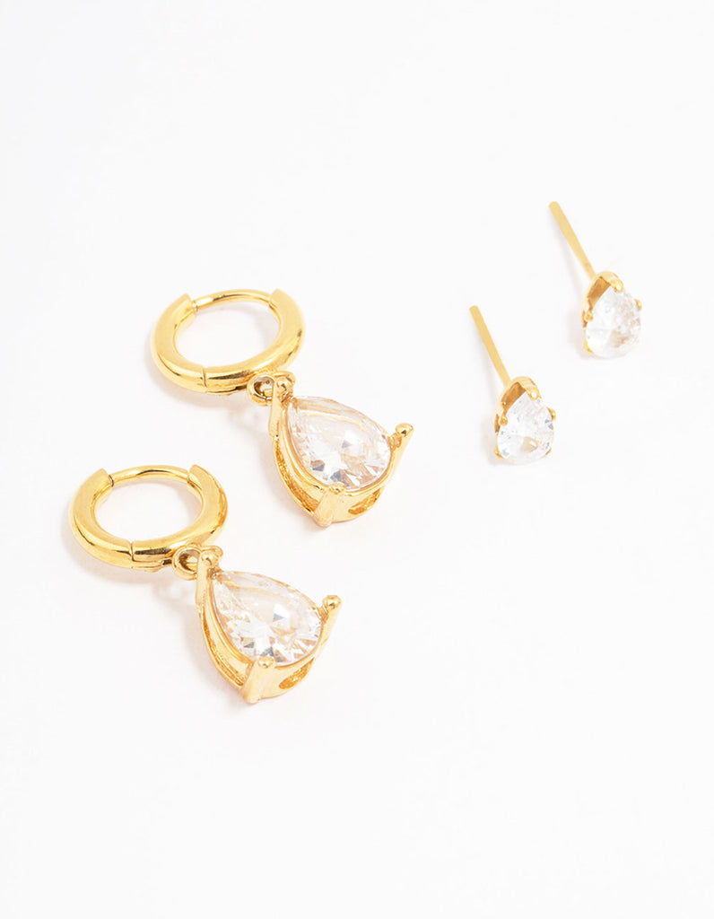 Gold Plated Stainless Steel Pear Cut Cubic Zirconia Earrings 2-Pack