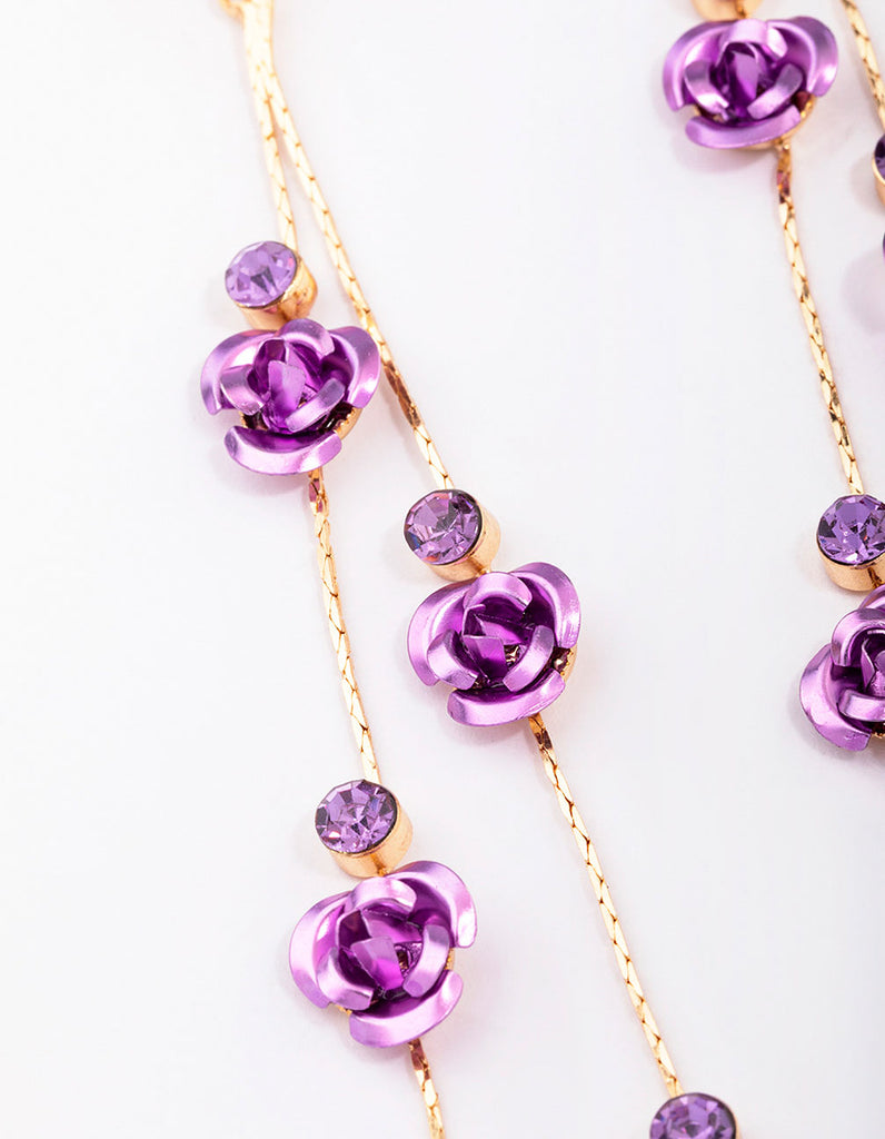 Gold Climbing Purple Rose Drop Earrings