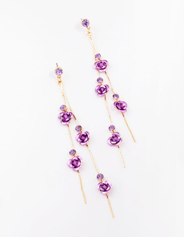 Gold Climbing Purple Rose Drop Earrings