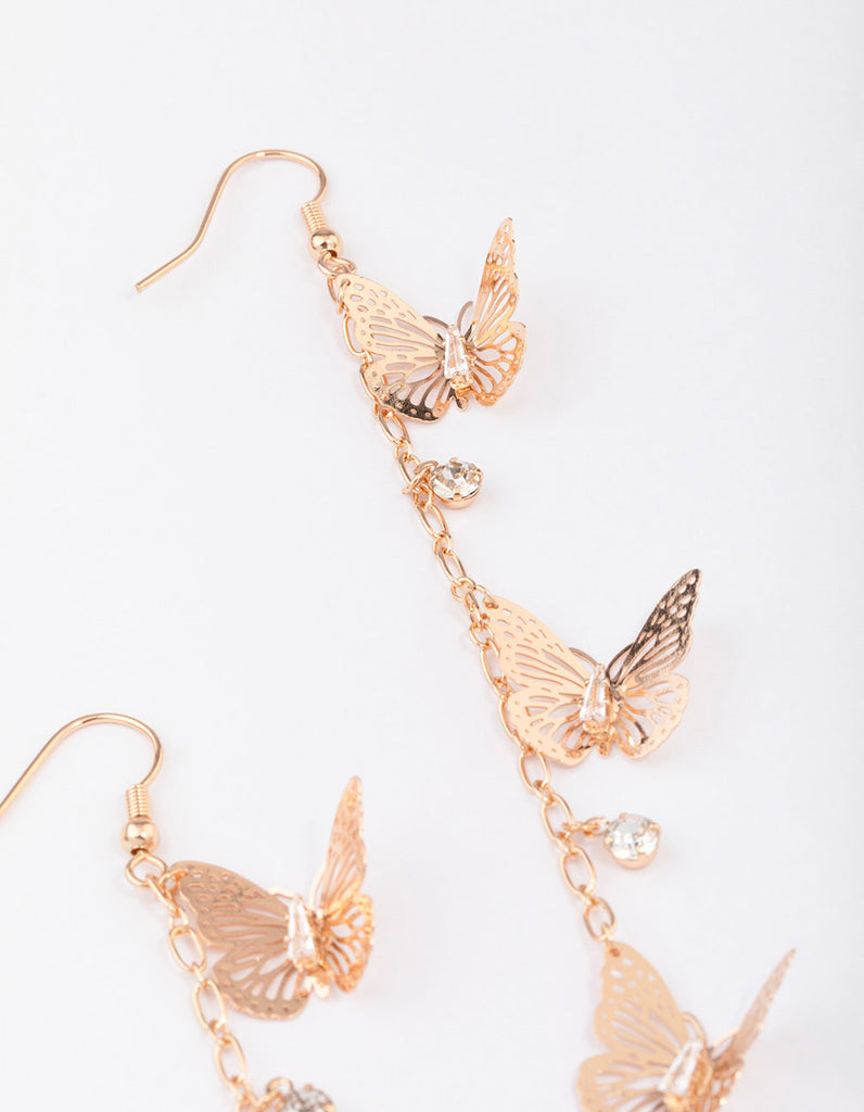 Gold Butterfly & Cubic Zirconia Droplet Chain Earrings