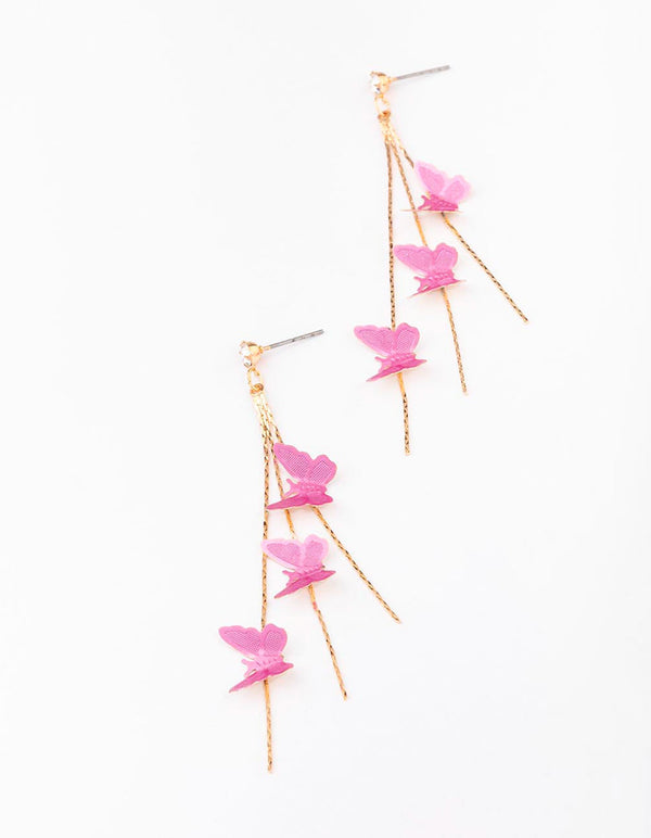 Gold & Pink Butterfly Drop Earrings