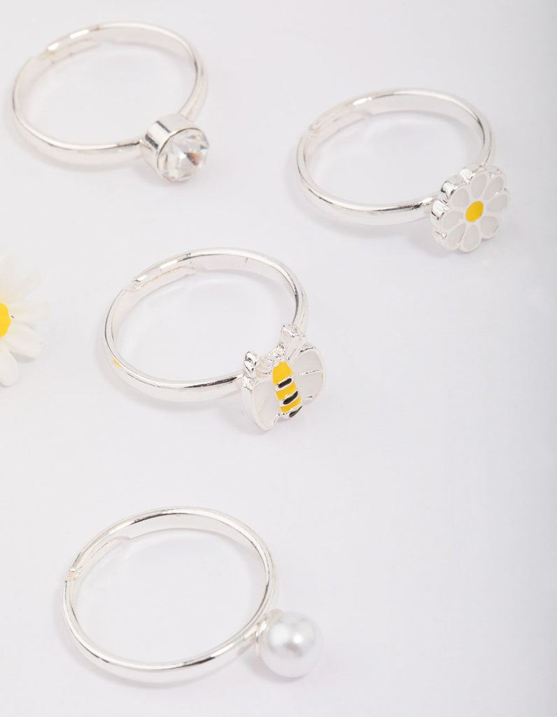 Kids Silver Daisy & Bumble Bee Ring 6-Pack