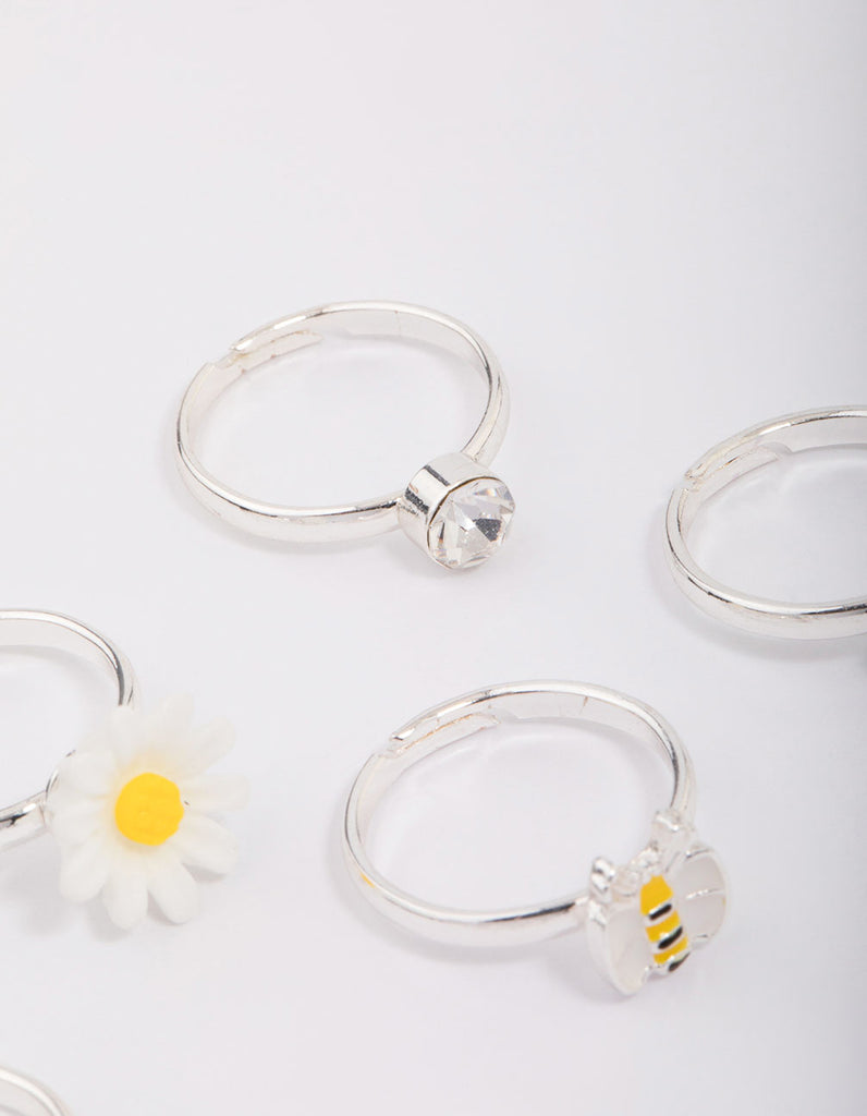 Kids Silver Daisy & Bumble Bee Ring 6-Pack