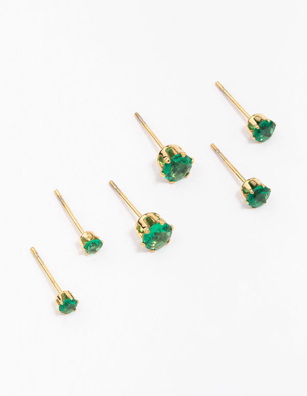 Waterproof Gold Plated Stainless Steel Emerald Cubic Zirconia Stud Earrings 3-Pack