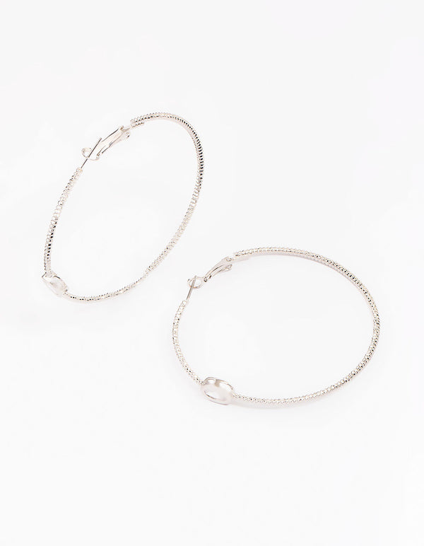 Rhodium Textural Oval Cubic Zirconia Hoop Earrings