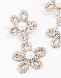 Silver Double Flower Pearl Drop Earrings - link has visual effect only