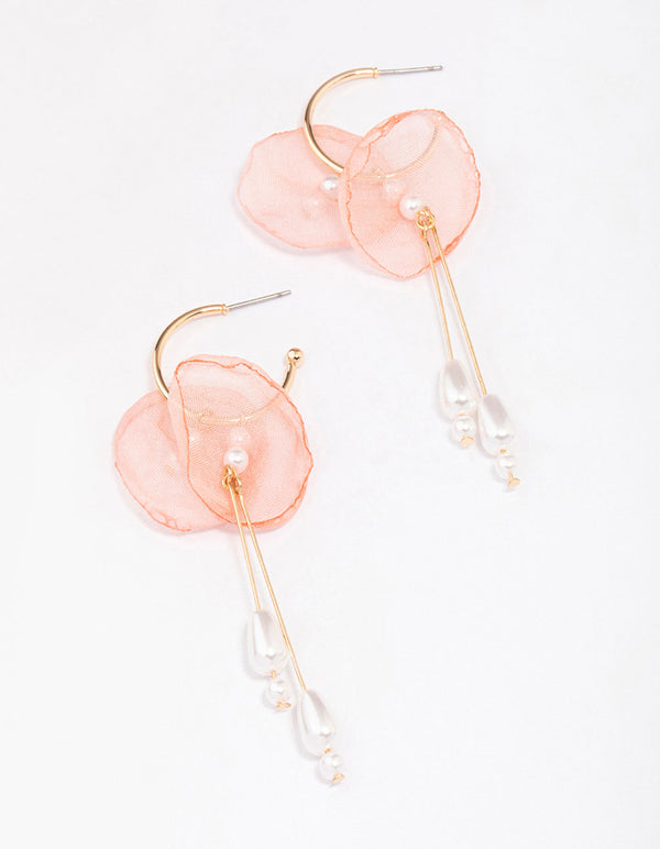 Gold Fabric Flower Pearl Drop Earrings