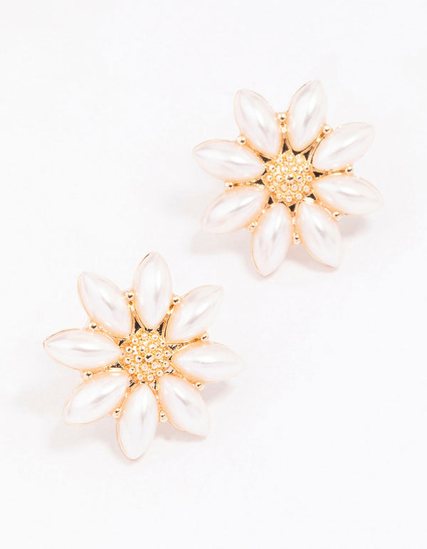 Gold Pearl Flower Stud Earrings