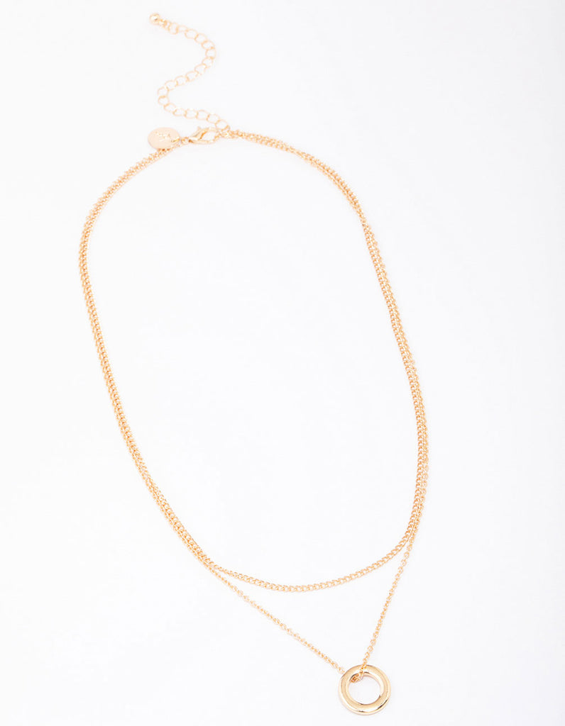 Gold Double Chain Circle Pendant Layered Necklace