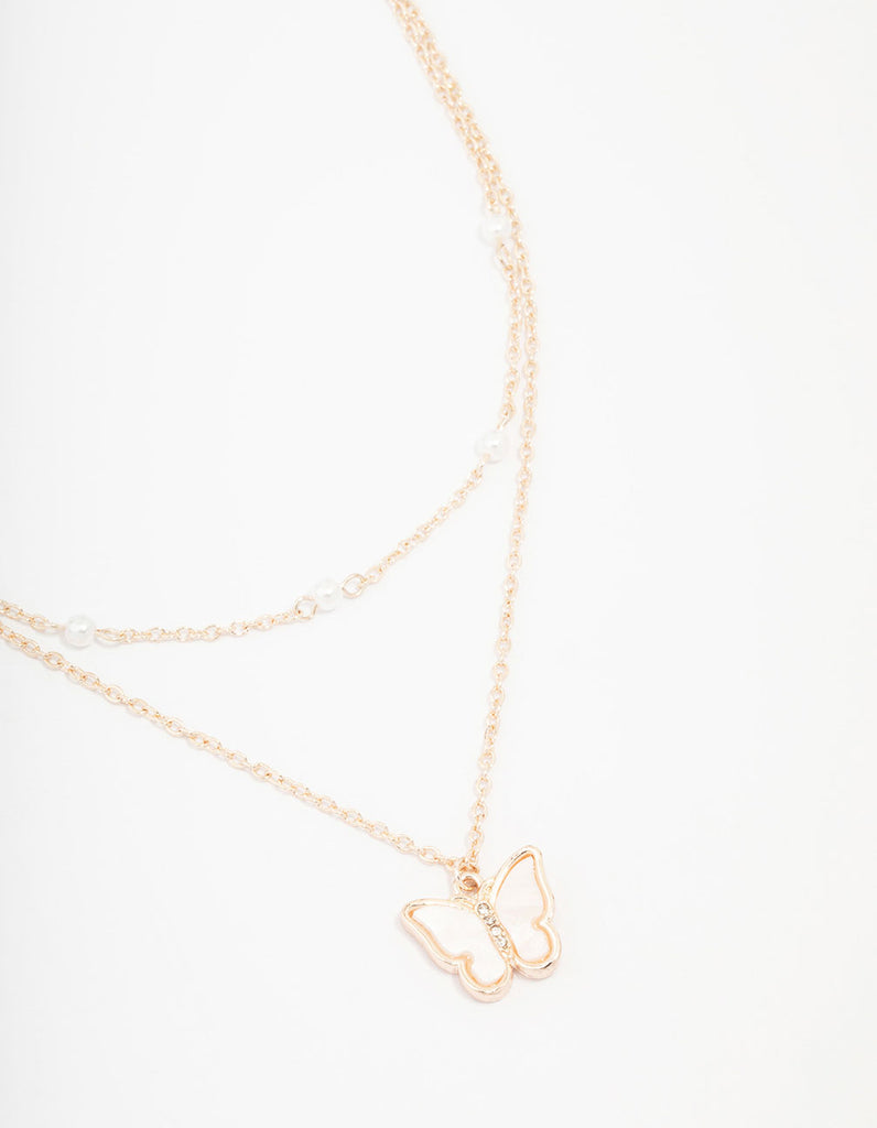 Kids Rose Gold Pearl Butterfly Layered Necklace