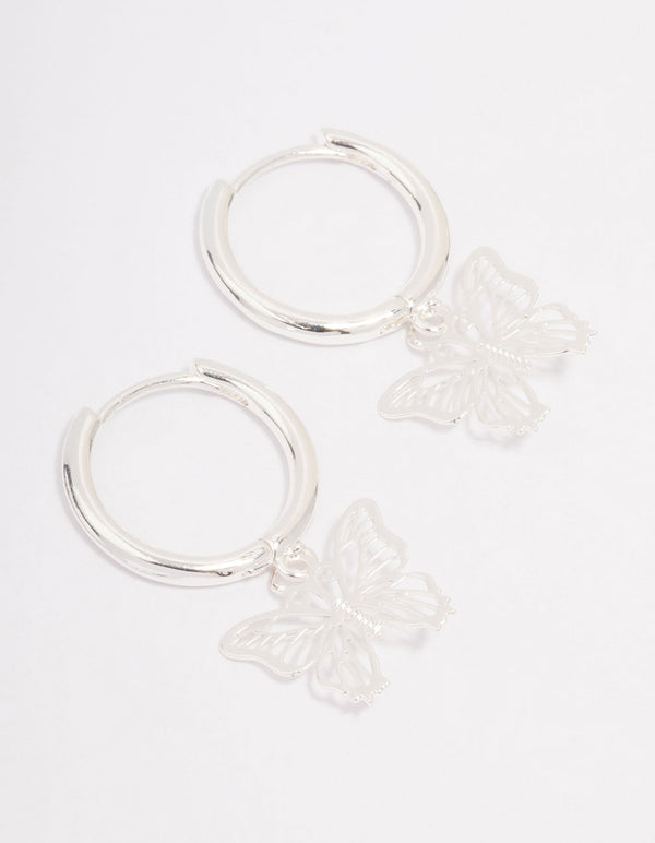 Silver Plated Filigree Butterfly Hoop Earrings