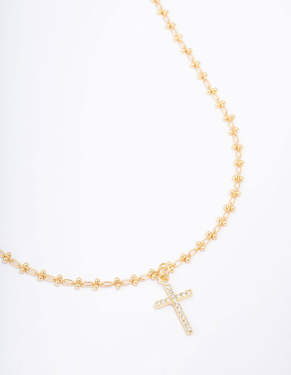 Gold Plated Diamante Cross Ball Link Pendant Necklace