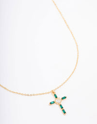 Gold Plated Emerald Cubic Zirconia Baguette Cross Pendant Necklace - link has visual effect only