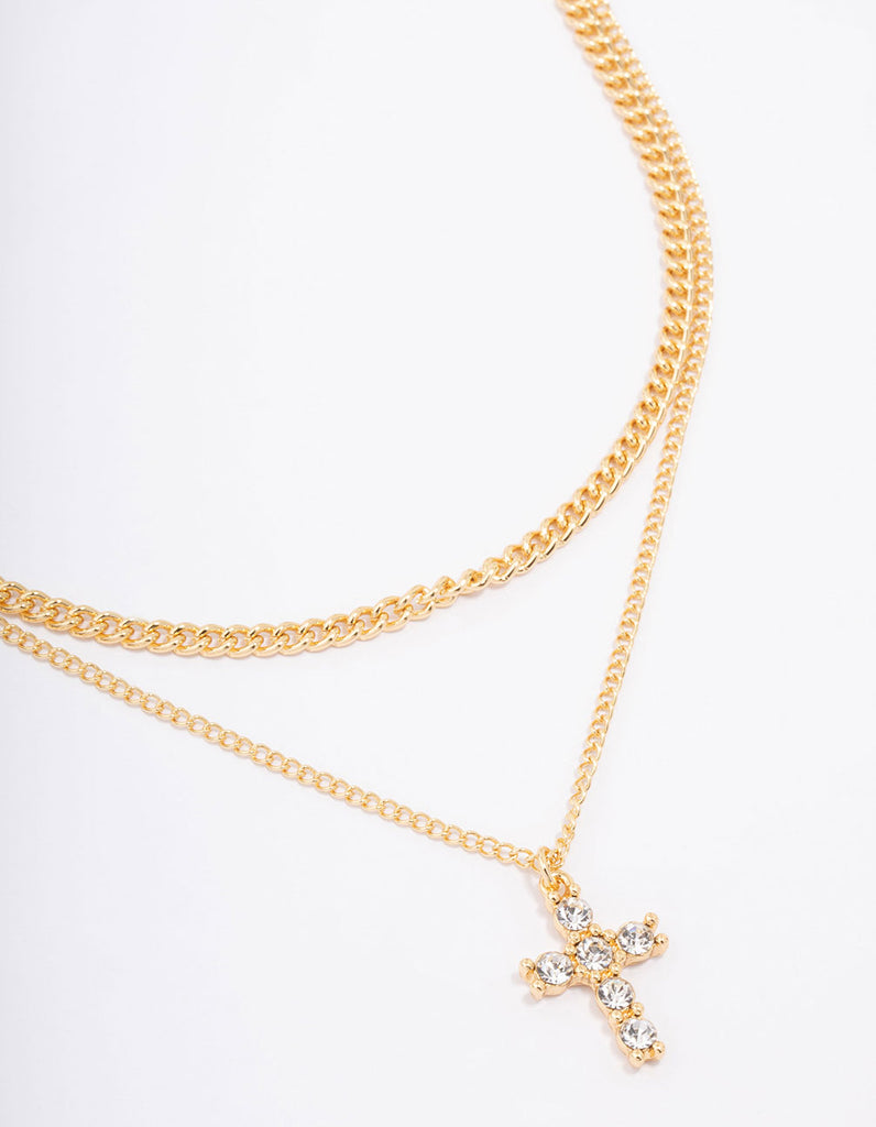 Gold Plated Diamante Cross Layered Curb Necklace