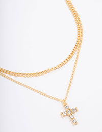 Gold Plated Diamante Cross Layered Curb Necklace - link has visual effect only