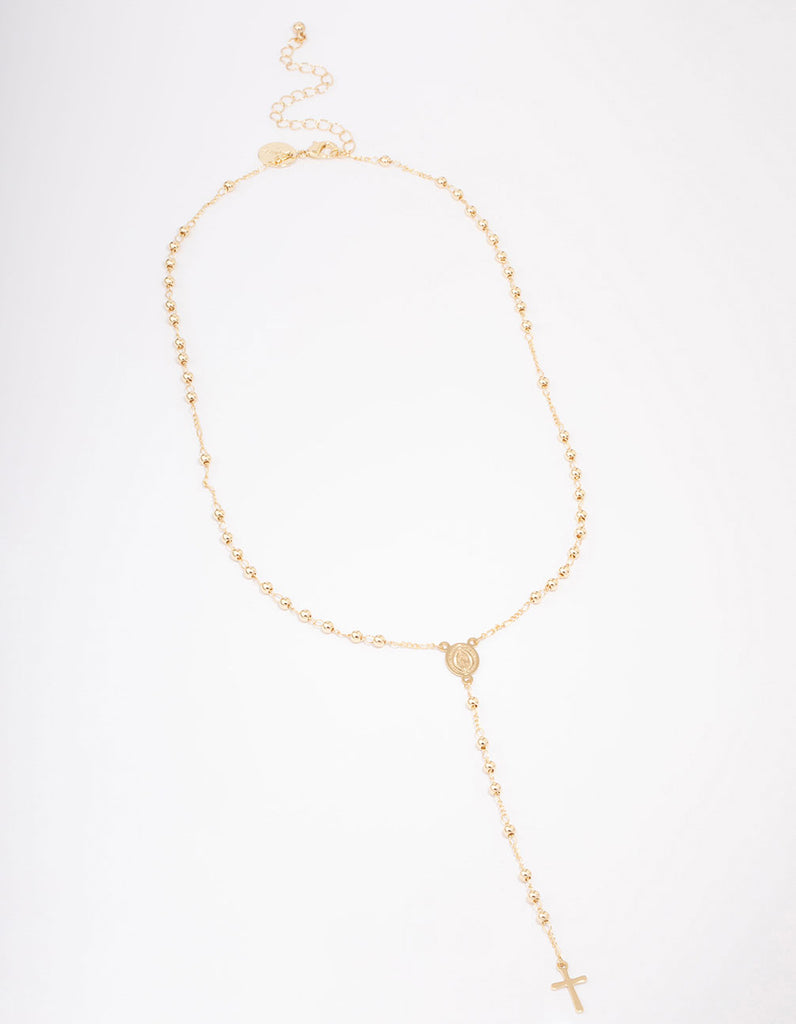 Gold Plated Coin & Cross Lariat Necklace