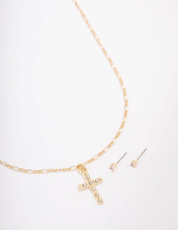 Gold Plated Crystal Cross Pendant Necklace & Stud Earring Set