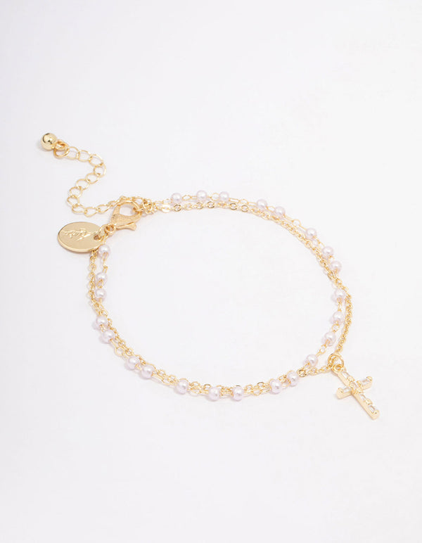 Gold Plated Diamante & Pearl Layered Bracelet