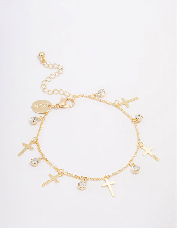 Gold Plated Diamante Cross Drop Bracelet